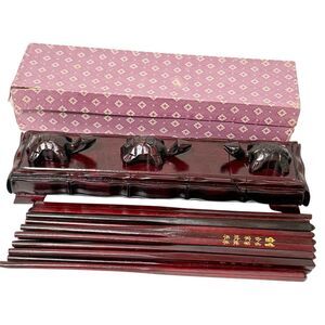 8 pairs Chopsticks In Wooden Carved Turtle Box Flip Top Reusable Rosewood